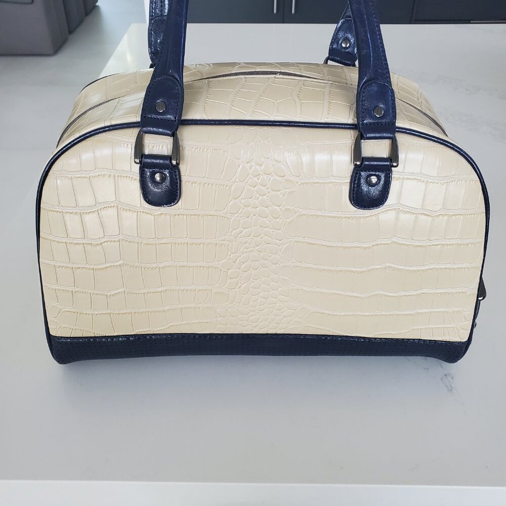 Cutler Cream & Navy Croc Embossed Travel  Bowling Bag Duffle Style Satchel Bag - Picture 4 of 15